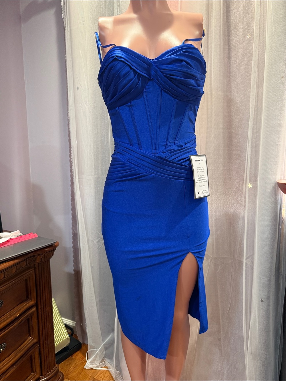 Macy's Cobalt Blue Strapless Corset Midi Dress with Slit